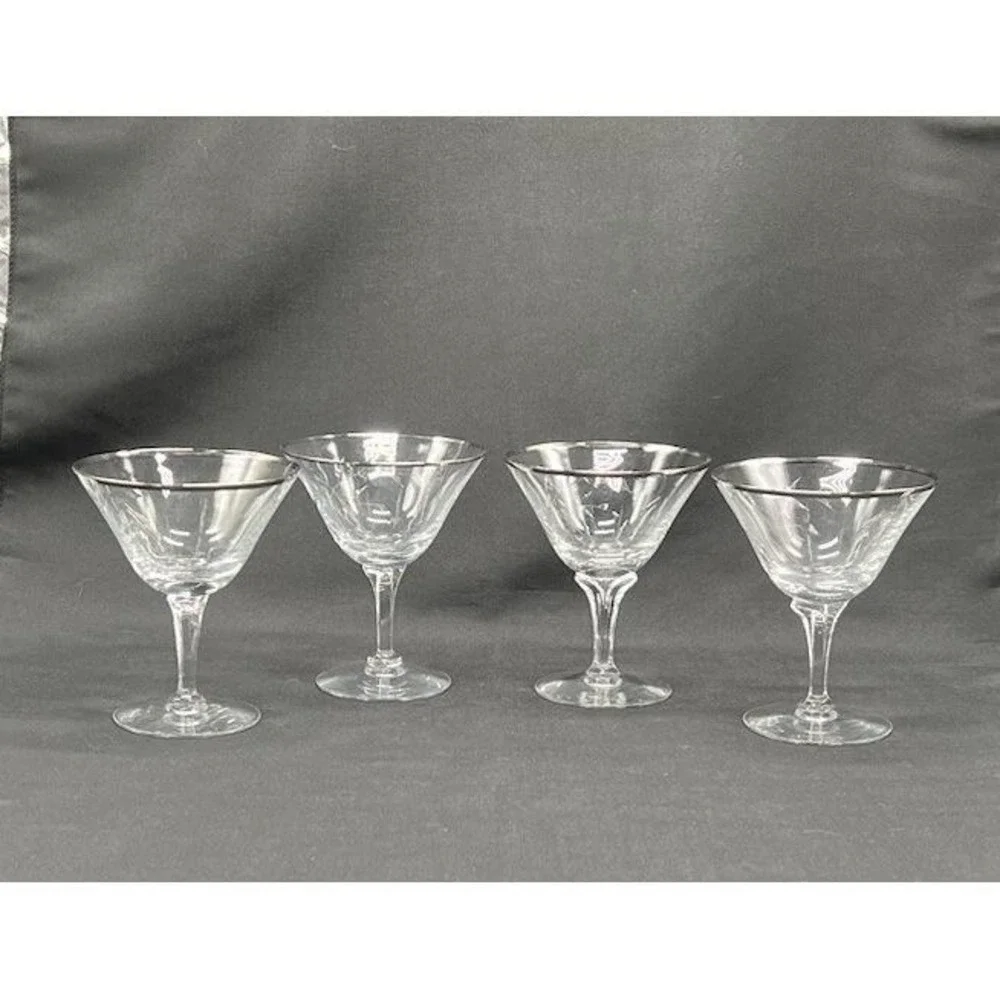 Four Fostoria Bridal Belle Crystal Martini Glasses Platinum‎ Rim Etched Vintage